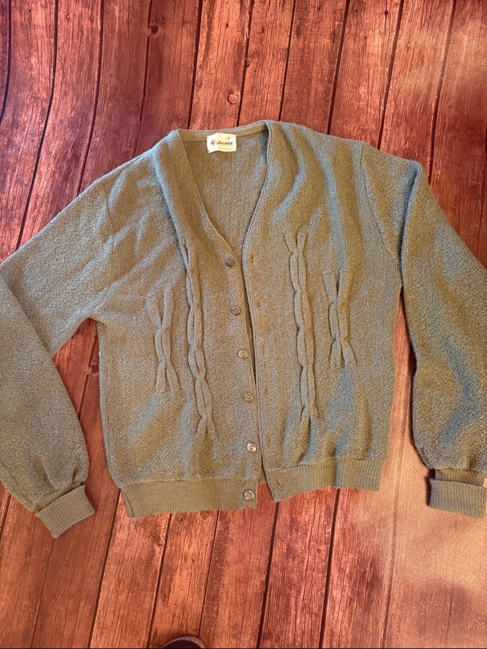 Vintage Soft Olive Alpaca Cable-Detail Button Cardigan Sweater